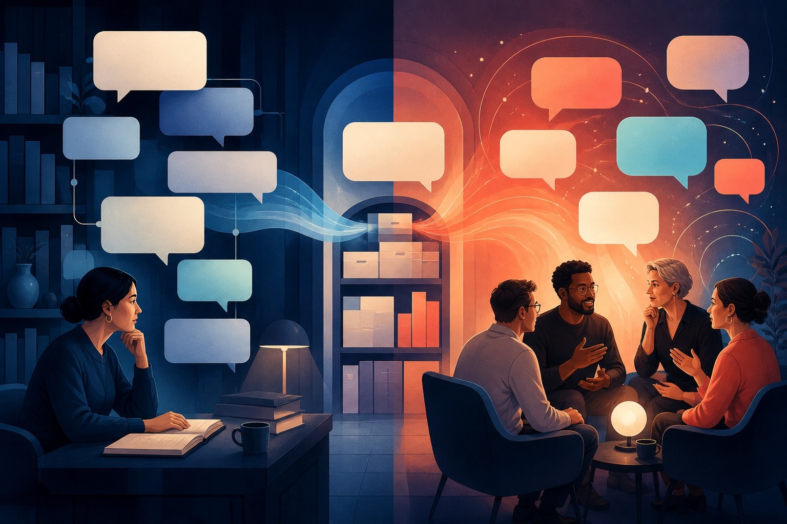 Two connected conversation spaces representing forums and live chat