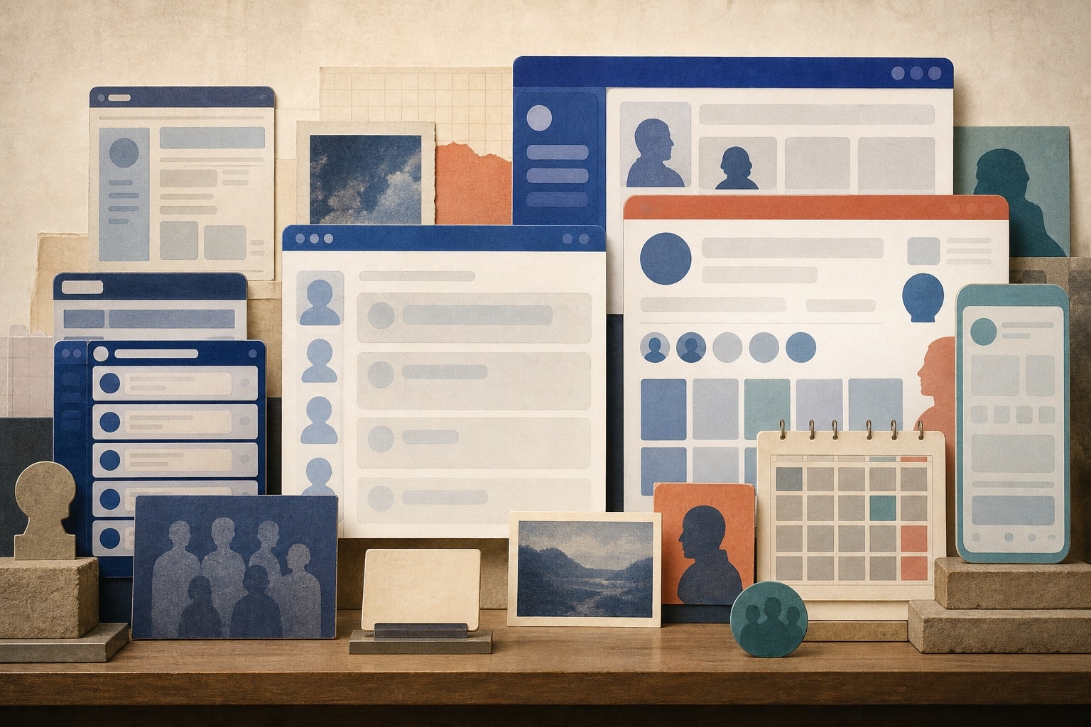 Layered archival forms suggesting the history of online community interfaces