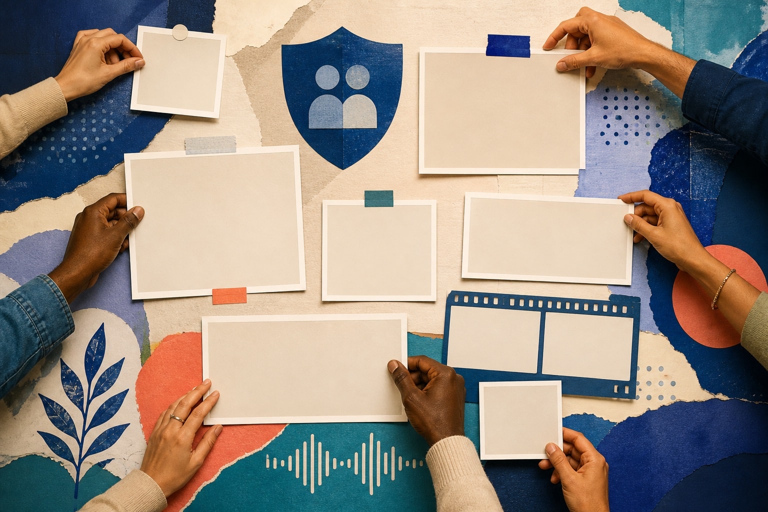 Community members arranging accessible photos and videos into a shared collection