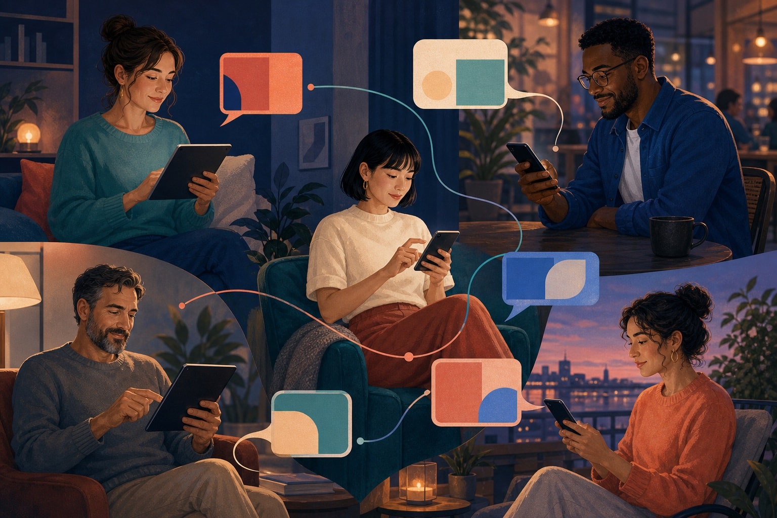 People accessing the same online community from different mobile settings