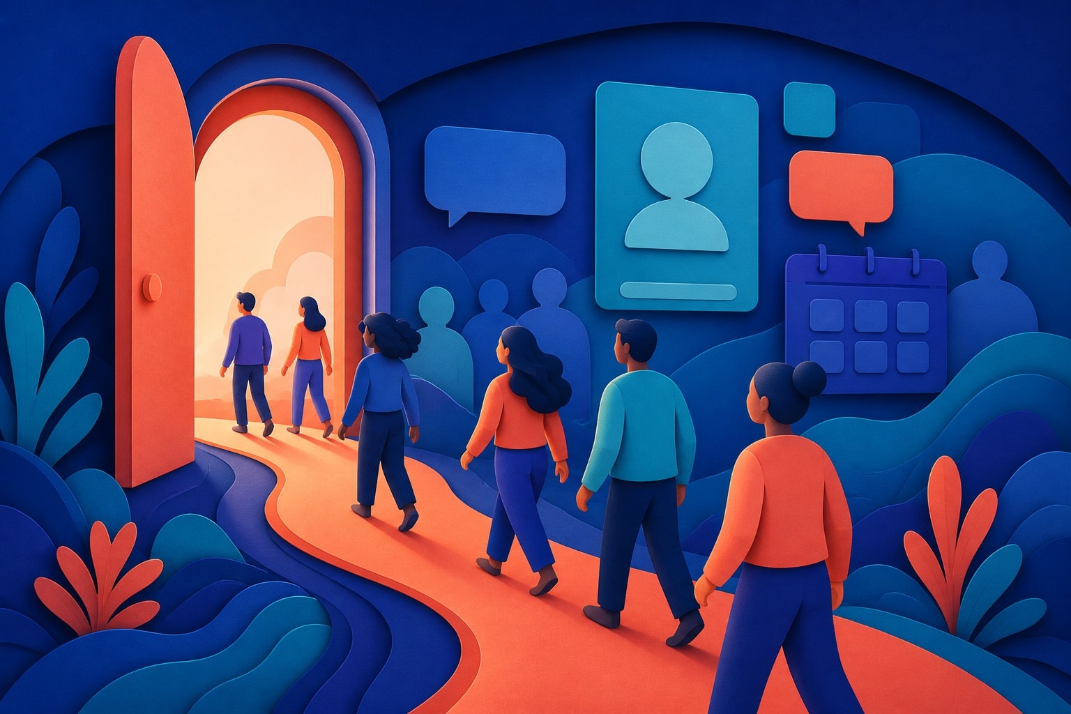 A clear welcoming path leading new members into an online community