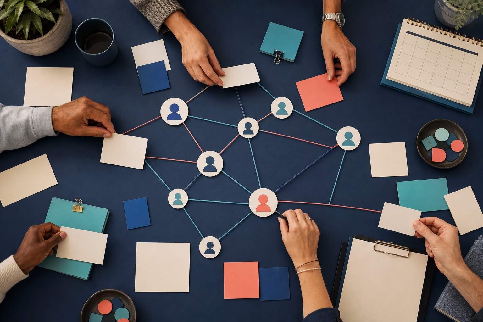People mapping an online community plan with cards and connected member symbols